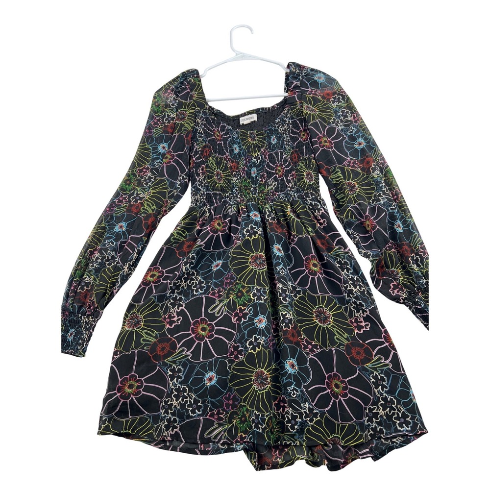 Steve Madden Smocked Floral Print Long Sleeve Square‎ Neck Mini Dress XS